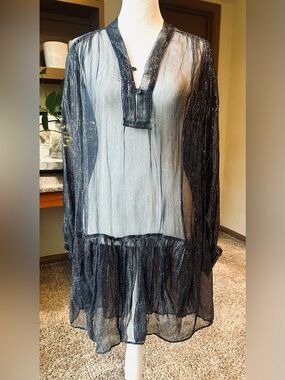 Rabens Saloner Sheer Metallic Tunic Mini Dress Navy Gold XS Boho